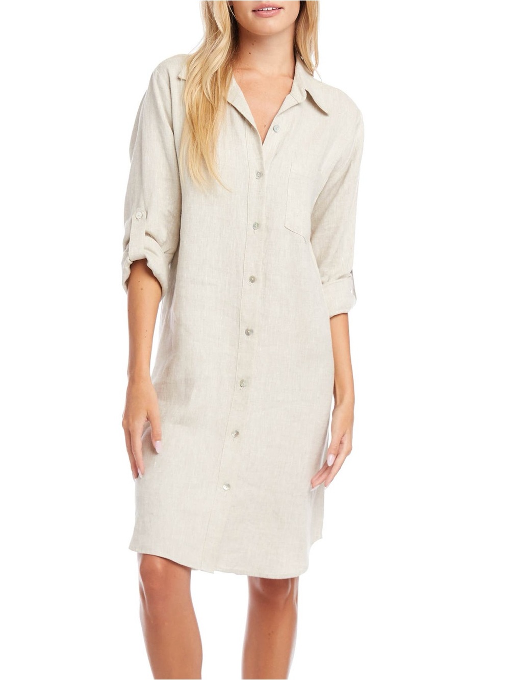 Karen Kane Roll-Tab Linen Shirtdress, Oatmeal, Size Large